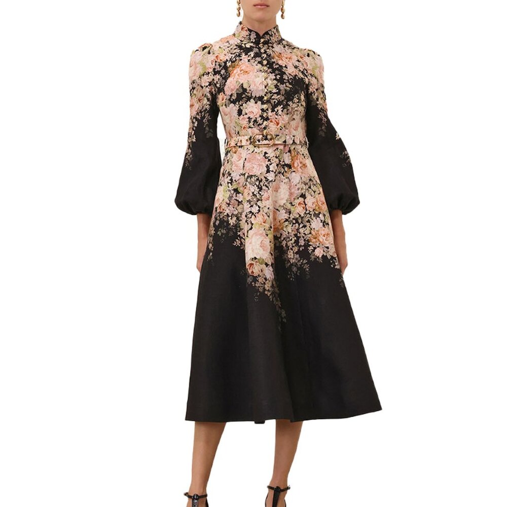 NEW Zimmermann Black Rococo Floral Illustration Buttoned Midi Dress